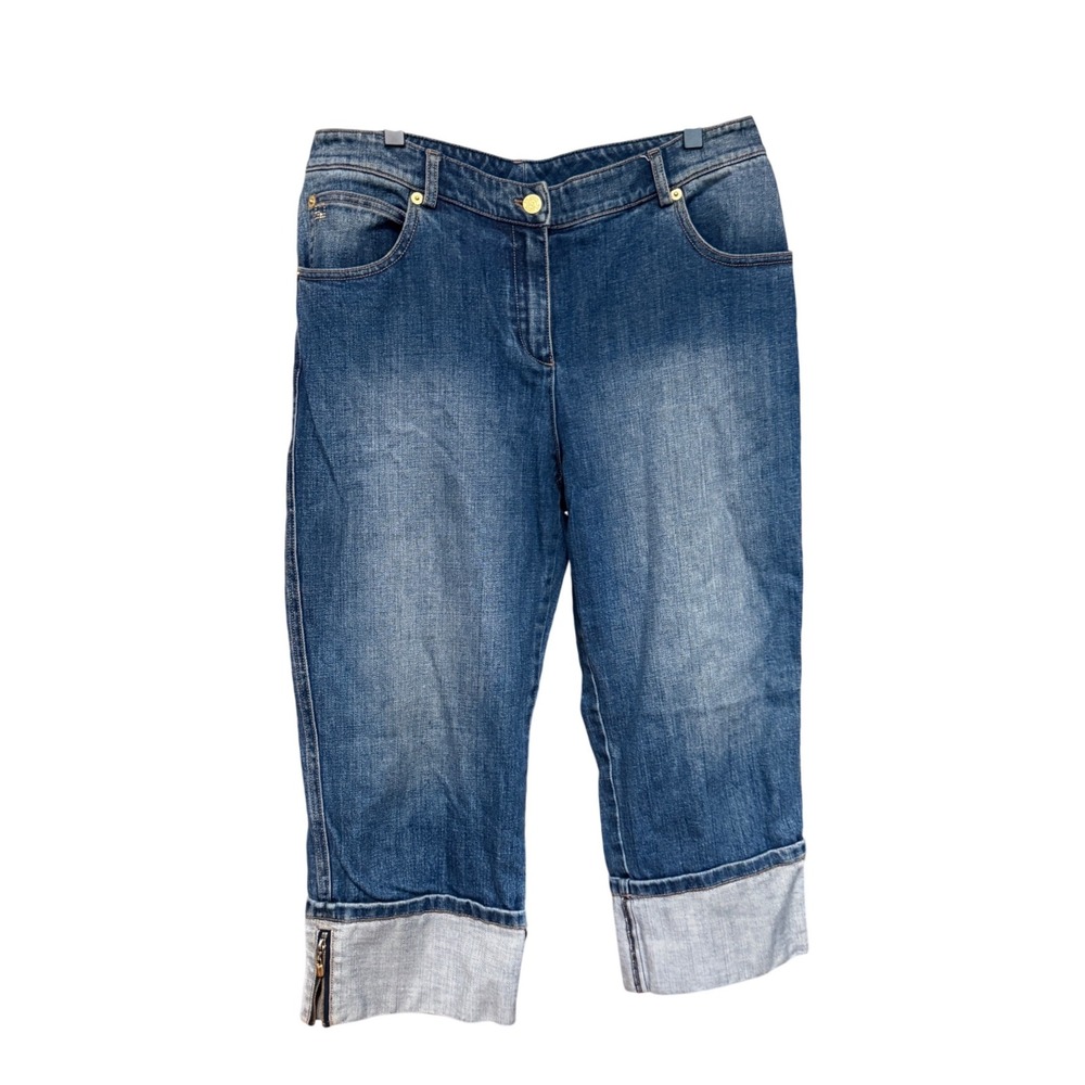 St John Sport Jeans Cropped Studded Hem Zip 8‎ Blue Excellent Straight Leg Denim